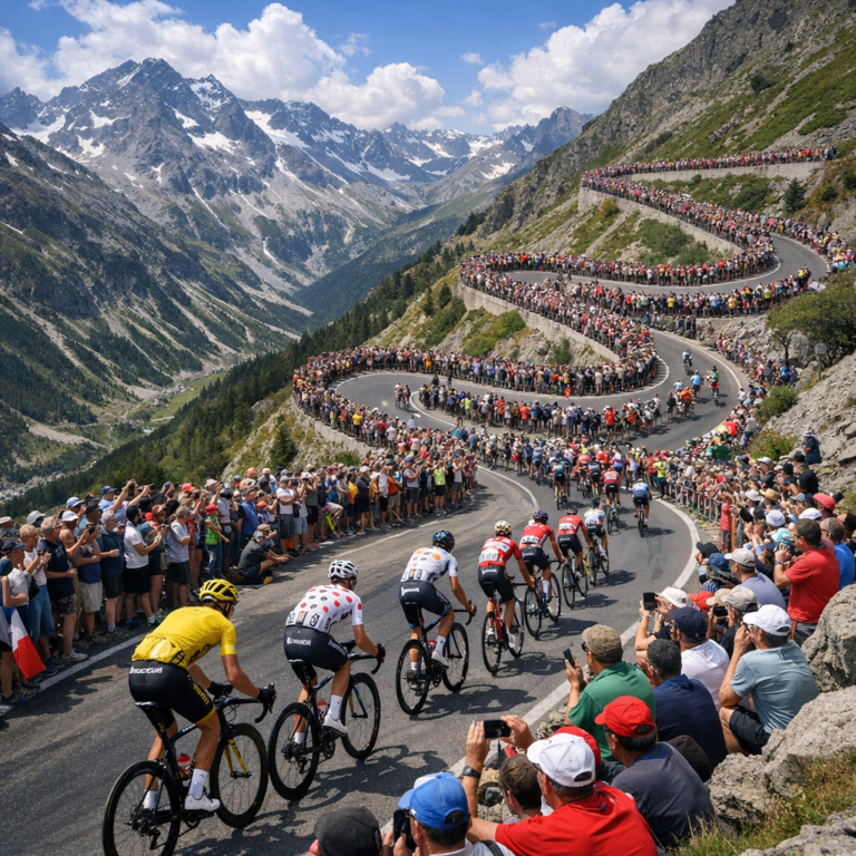 Cyklister i Alperna vid Alpe d'Huez